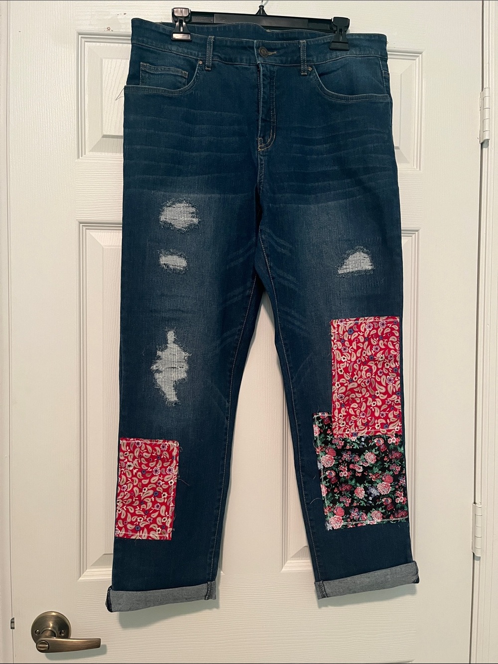 Dark Blue Women’s Distressed Jeans with Floral Patchwork